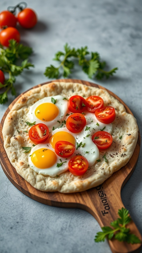 A flatbread topped with eggs and cherry tomatoes, garnished with herbs.