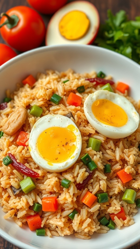 A bowl of egg and vegetable stir-fry rice topped with two soft-boiled eggs, surrounded by fresh tomatoes and greens.