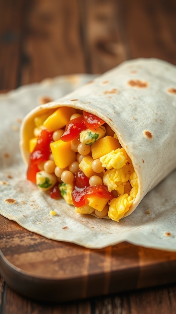 A delicious egg breakfast burrito filled with scrambled eggs, diced vegetables, and salsa, wrapped in a tortilla.