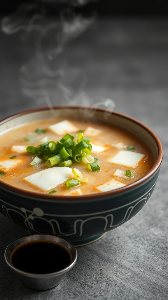 A bowl of egg drop soup with green onions and tofu, steaming and served with a small dish of soy sauce.