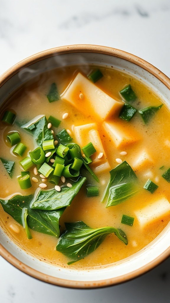 A bowl of egg drop soup with greens, featuring tofu, green onions, and sesame seeds.