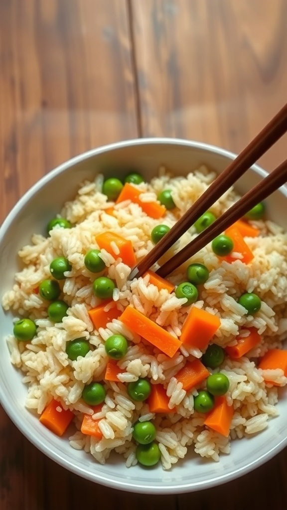 A bowl of egg fried rice with green peas and carrots, served with chopsticks.