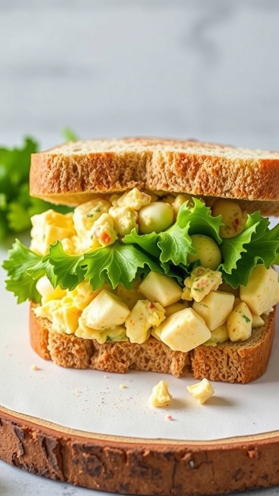 A close-up of an egg salad sandwich with lettuce on whole grain bread.
