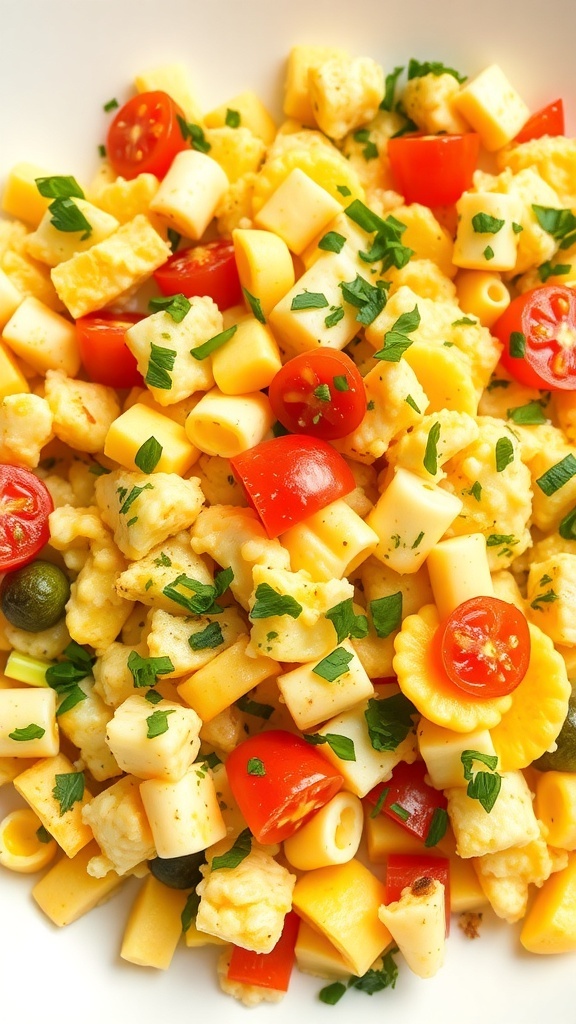 A colorful plate of egg white and veggie scramble with bell peppers, spinach, and cherry tomatoes.