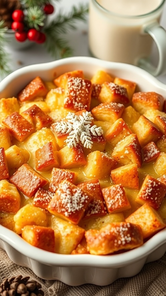 A delicious eggnog bread pudding topped with powdered sugar and a festive decoration, served with a cup of eggnog.