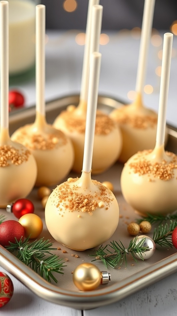 Eggnog cake pops decorated with crushed cookies and holiday ornaments
