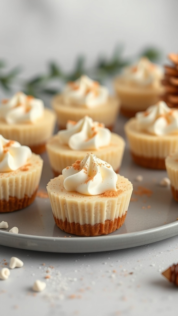 Eggnog cheesecake bites on a plate, topped with whipped cream and nutmeg