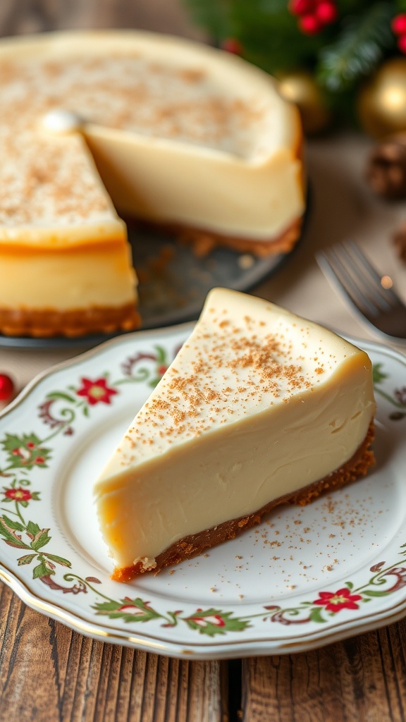 A slice of eggnog cheesecake with nutmeg on a decorative plate, with the whole cheesecake in the background.