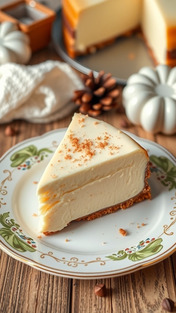 A slice of eggnog cheesecake on a decorative plate, with a creamy texture and a sprinkle of nutmeg on top.