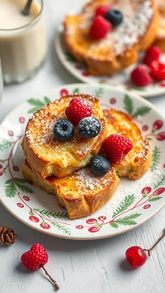 Eggnog French Toast Bake with fresh berries on a festive plate
