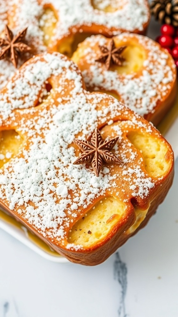 A festive Eggnog French Toast Casserole garnished with powdered sugar and star anise.