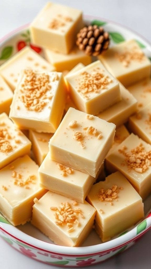 A plate of creamy eggnog fudge squares topped with nutmeg.
