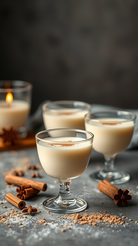 Three elegant glasses of Eggnog Panna Cotta surrounded by cinnamon sticks and star anise.