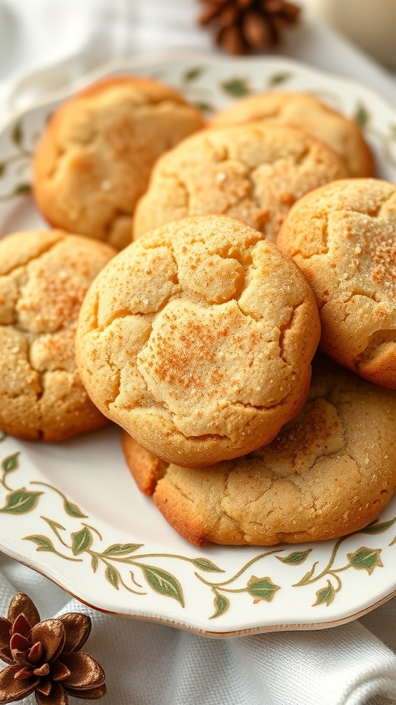 A plate of Eggnog Snickerdoodles with nutmeg, decorated for the holidays.