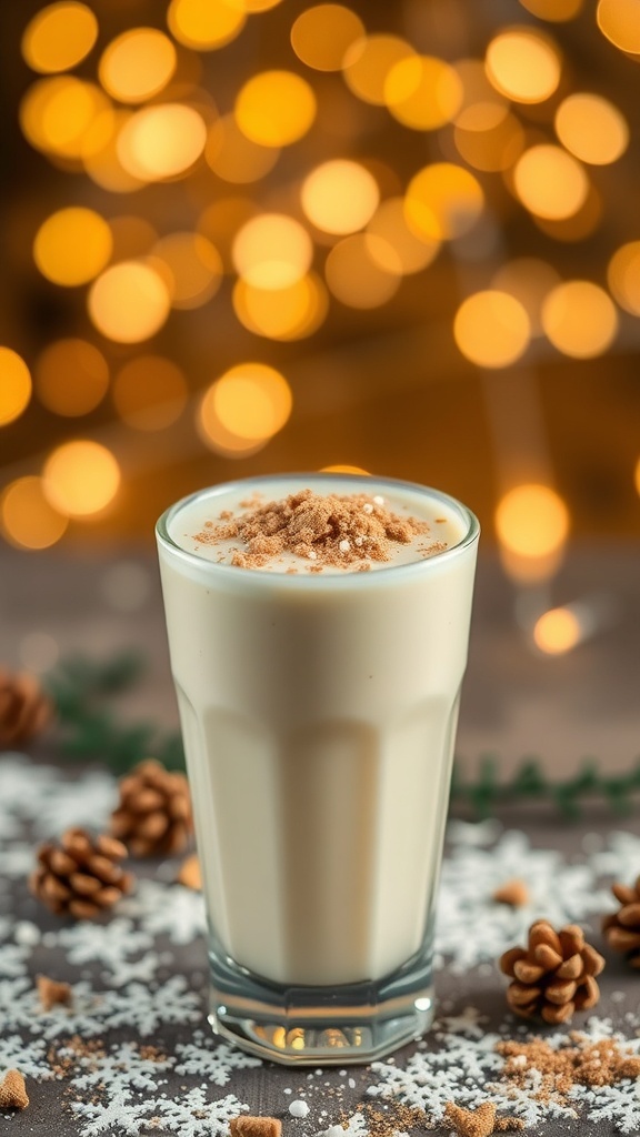A glass of eggnog topped with nutmeg sprinkles, surrounded by pine cones and snowflakes, with a warm, festive background.
