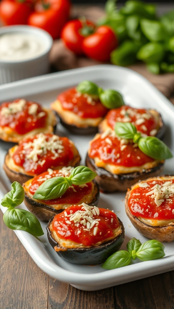 Delicious eggplant parmesan bites topped with marinara sauce and cheese, garnished with fresh basil.