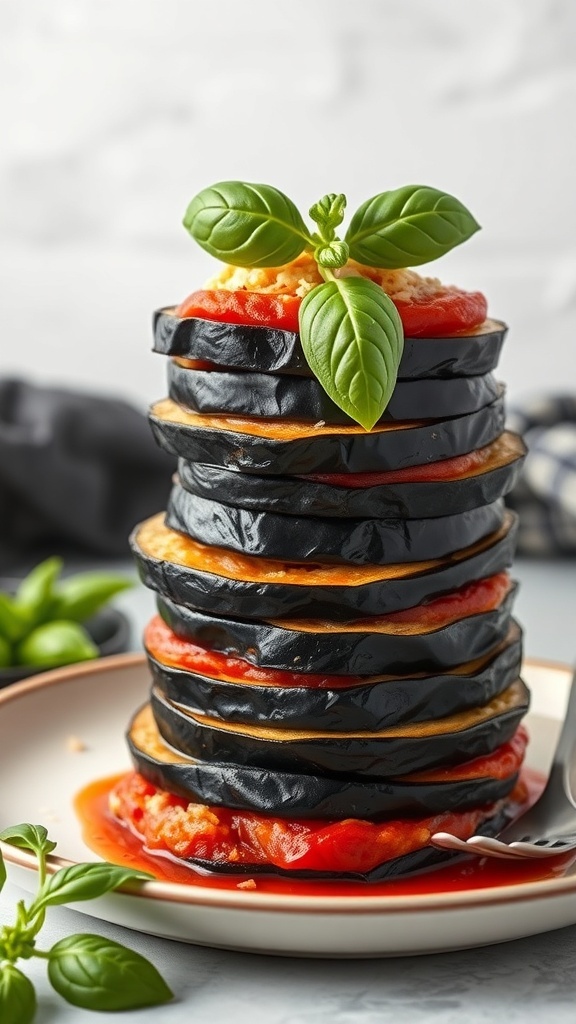 A stack of eggplant parmesan with layers of eggplant, marinara sauce, and cheese, garnished with fresh basil.