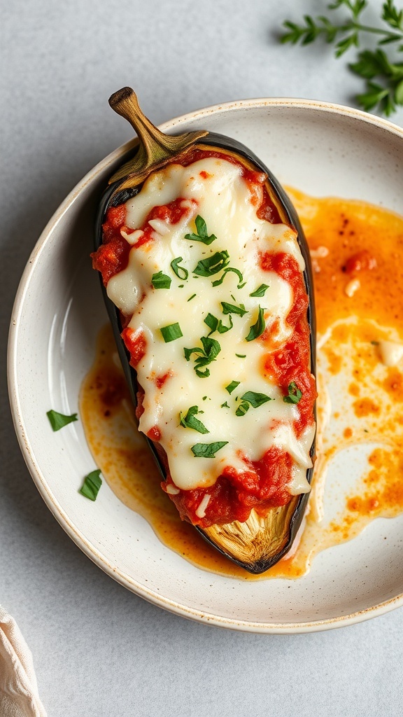 A baked eggplant topped with tomato sauce and melted cheese, garnished with fresh herbs.
