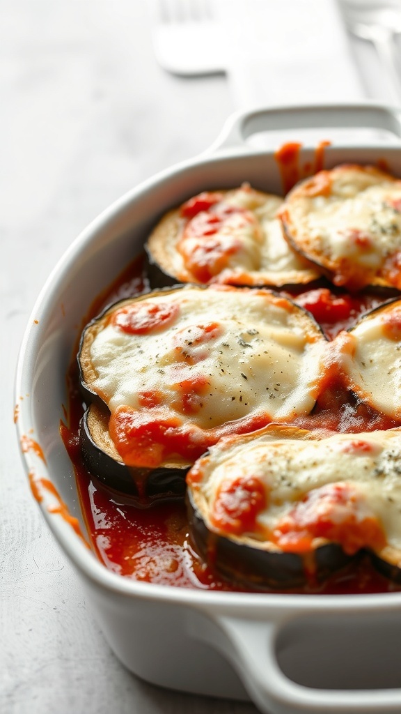 A dish of baked Eggplant Parmesan with layers of eggplant, marinara sauce, and melted cheese.