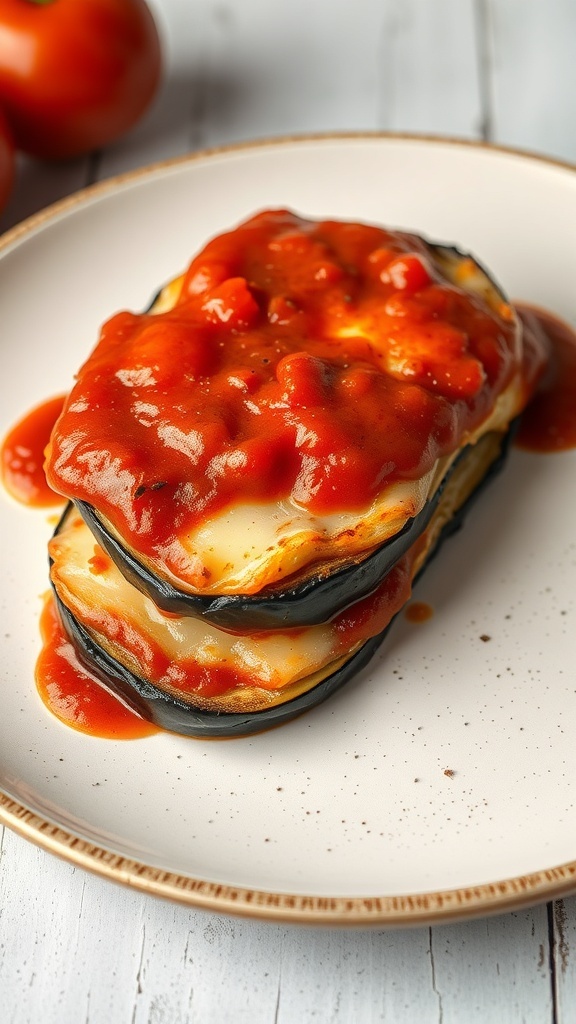 A plate of Eggplant Parmesan topped with marinara sauce