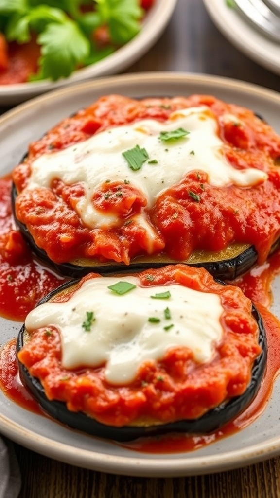 A delicious serving of Eggplant Parmesan with Marinara sauce, garnished with herbs.