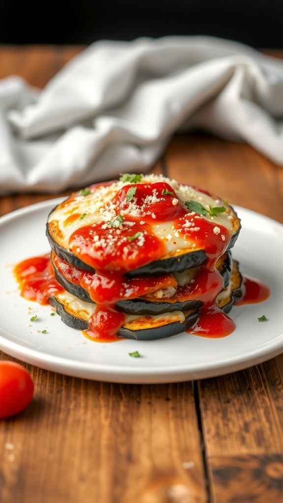 A plate of Eggplant Parmesan topped with marinara sauce, garnished with herbs.