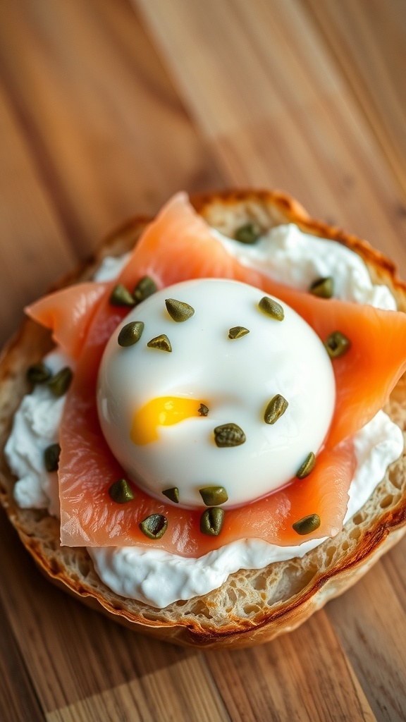 A toasted bagel topped with cream cheese, smoked salmon, a poached egg, and capers.