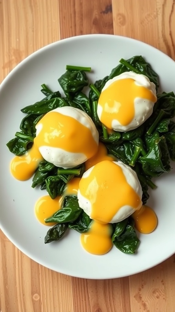 Eggs Florentine with poached eggs on sautéed spinach, drizzled with egg yolk