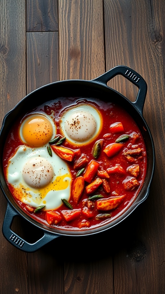 A skillet of Eggs in Purgatory with poached eggs in spicy tomato sauce and vegetables.