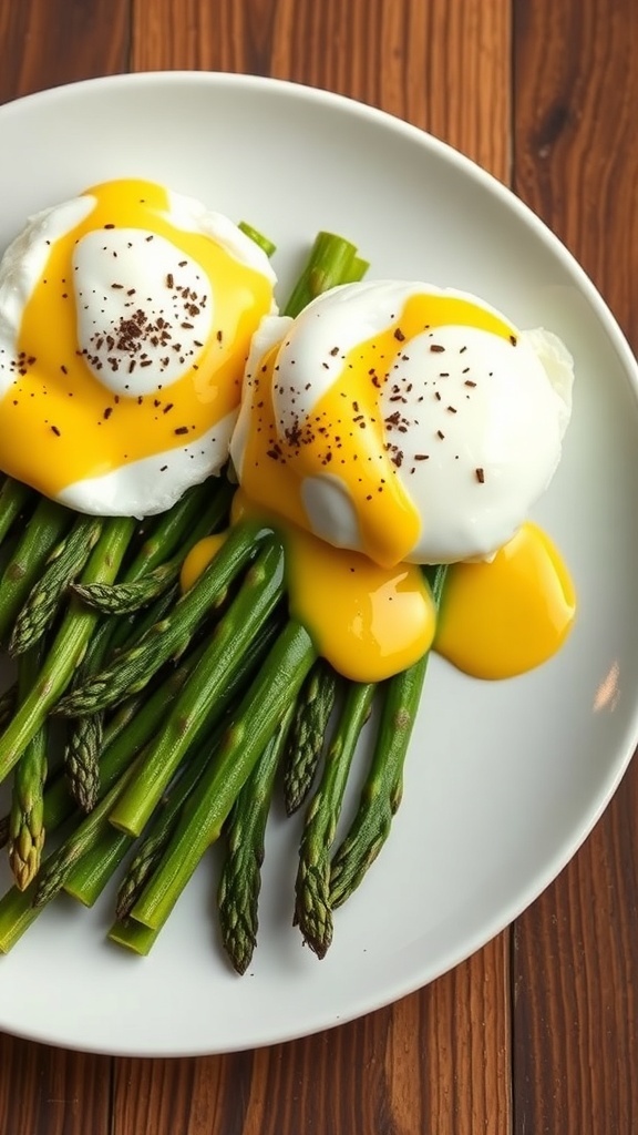 A plate of poached eggs on asparagus, topped with hollandaise sauce.