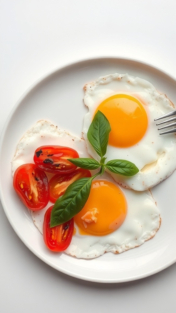 A plate with two fried eggs, grilled tomatoes, and fresh basil leaves.