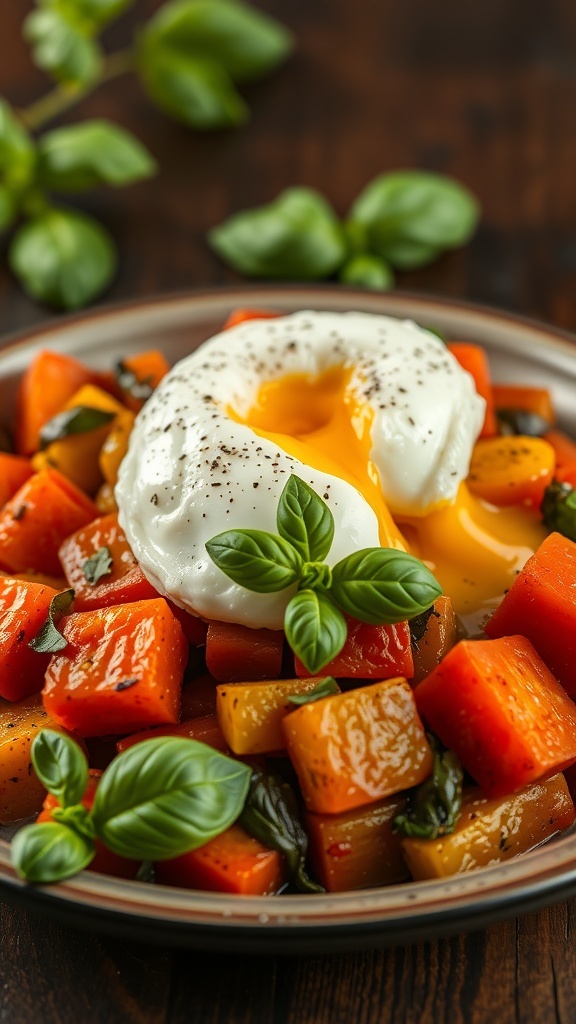 A plate of ratatouille vegetables topped with a poached egg and fresh basil.