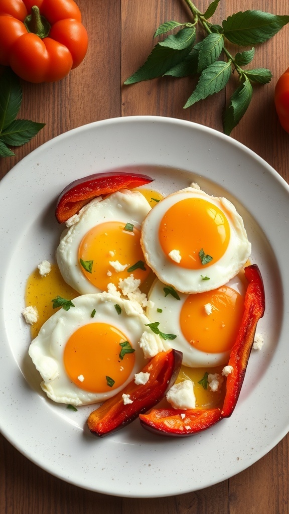 A plate of fried eggs with roasted red bell peppers, garnished with herbs and feta cheese.