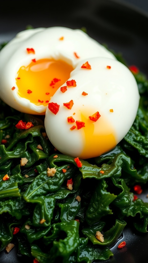 A close-up of poached eggs on sautéed kale, garnished with red pepper flakes.