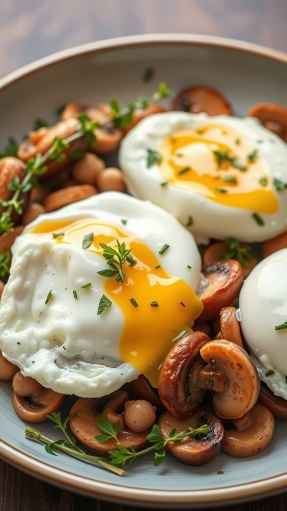 A plate of poached eggs on sautéed mushrooms with thyme