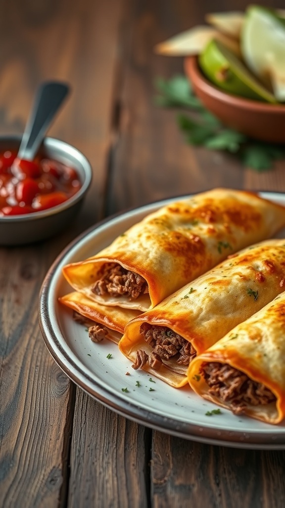A plate of empanadillas de carne with dipping sauce on the side.