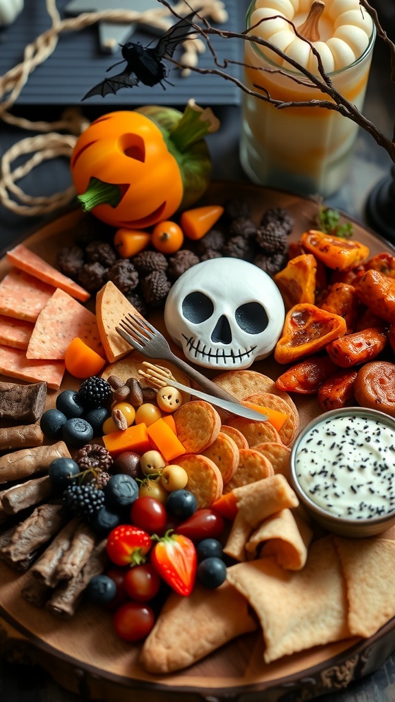 A Halloween-themed charcuterie board featuring various meats, cheeses, fruits, and decorative pumpkins.