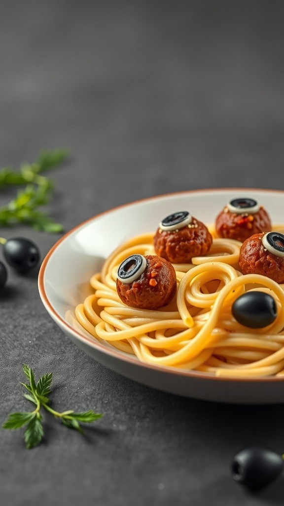 A plate of spaghetti topped with meatballs resembling eyeballs, garnished with black olives.
