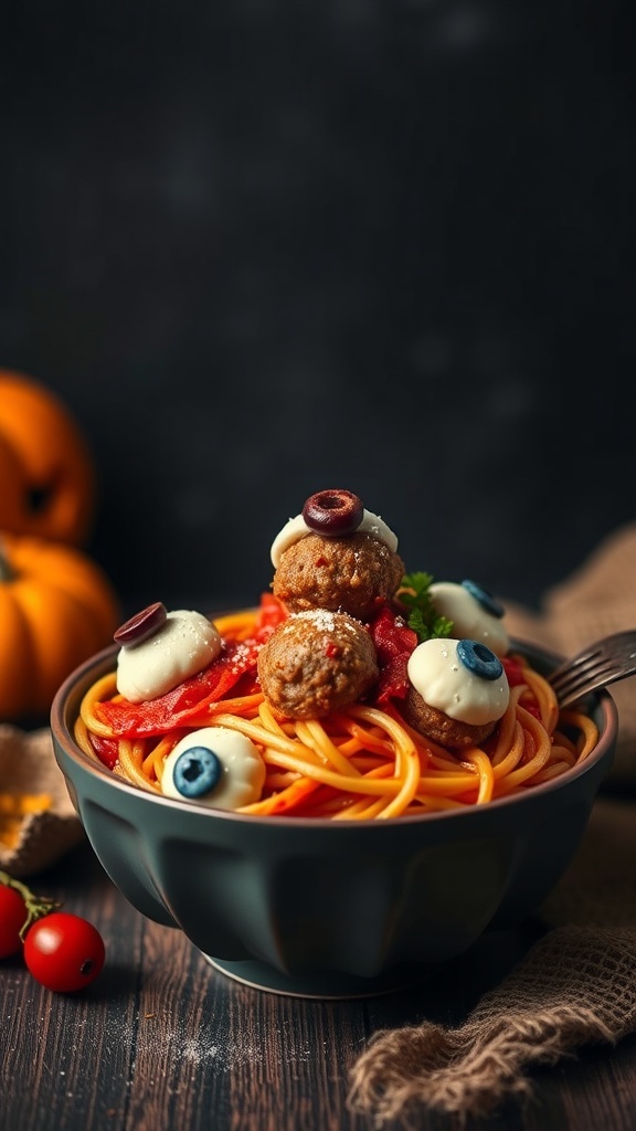 A bowl of Eyeball Pasta with meatballs, mozzarella balls, and olives, set against a Halloween-themed background.