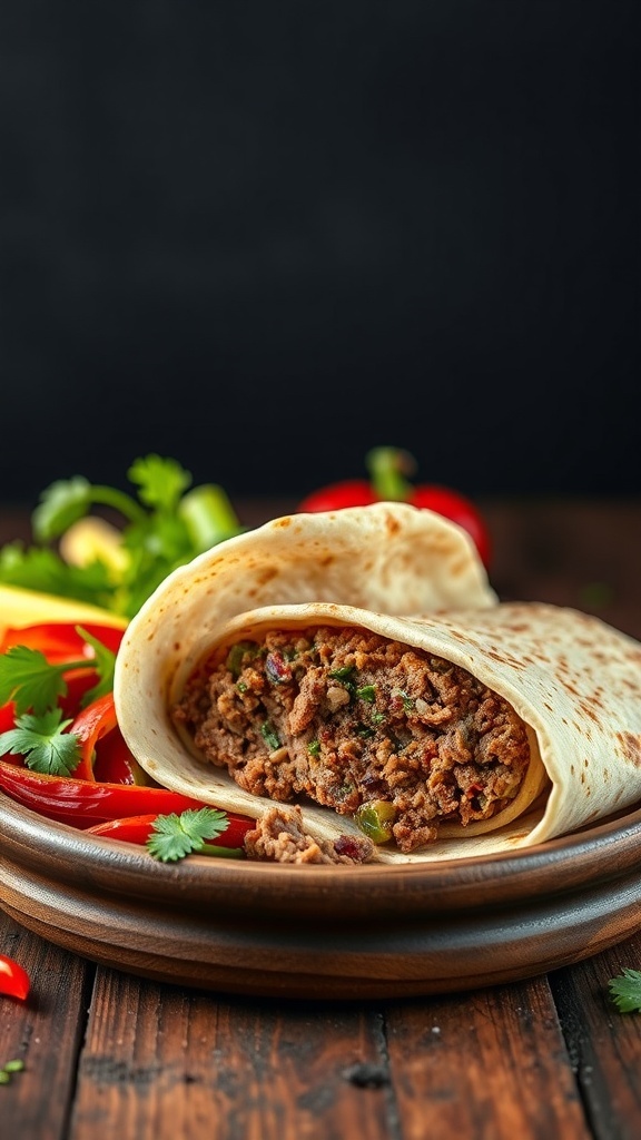 Fajita Meatloaf wrapped in a tortilla with peppers and cilantro