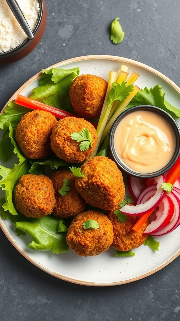 A plate of golden falafel balls served with fresh vegetables and a dipping sauce.