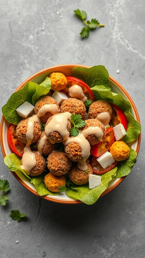 A bowl of falafel salad with tahini dressing, featuring crispy falafel balls, fresh greens, and colorful vegetables.