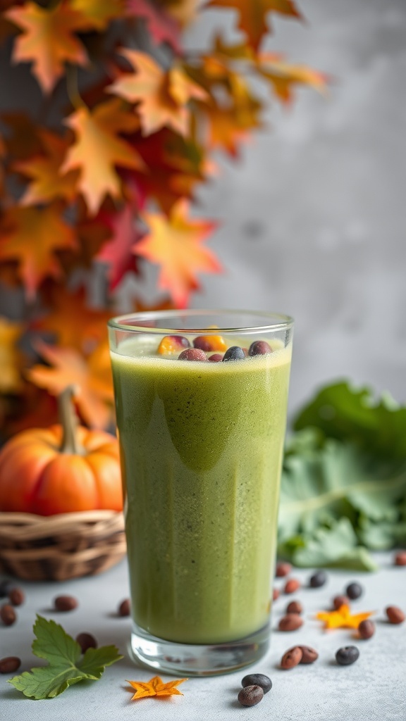 A green smoothie in a glass with berries on top, surrounded by autumn leaves and a small pumpkin.