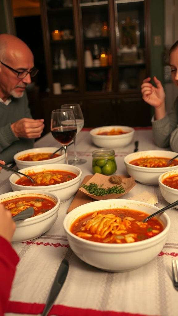A family enjoying bowls of lasagna soup at a dinner table.
