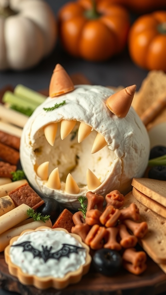 A Halloween-themed cheese ball shaped like a monster with fangs and claws, surrounded by crackers and snacks.