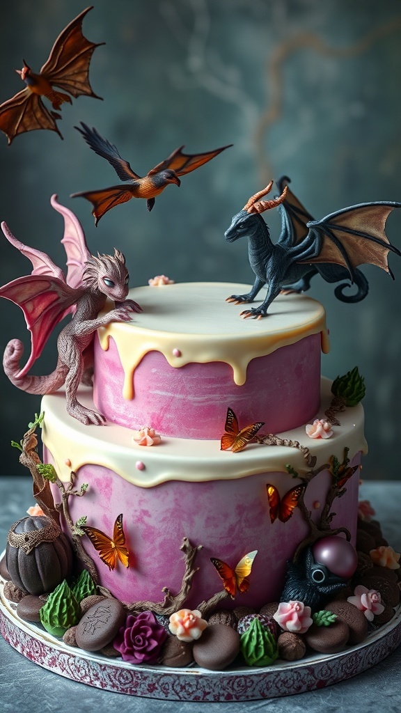 A beautifully decorated fantasy-themed cake featuring dragons and butterflies.