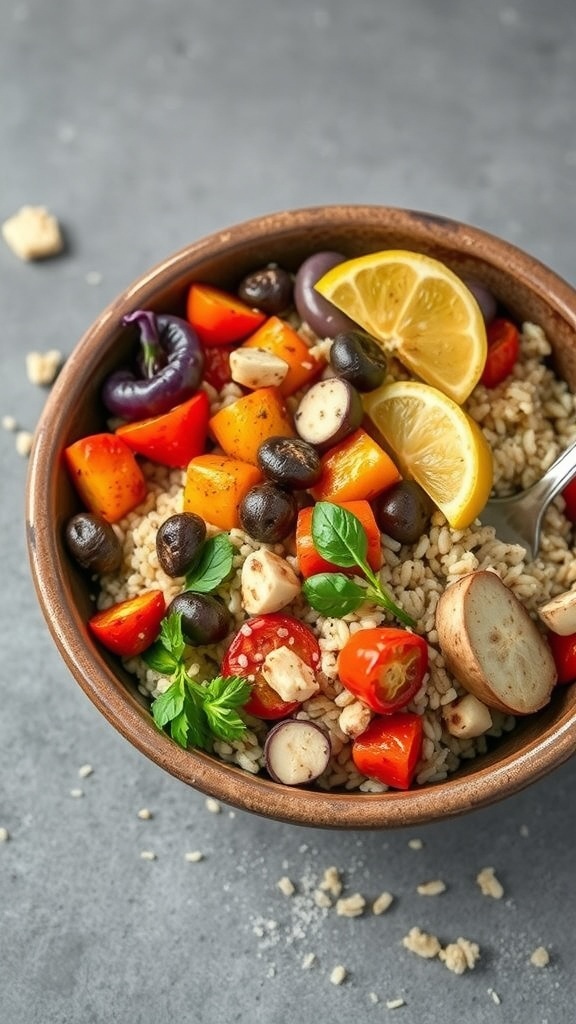 A bowl of farro salad with roasted vegetables, including bell peppers, olives, and lemon slices.