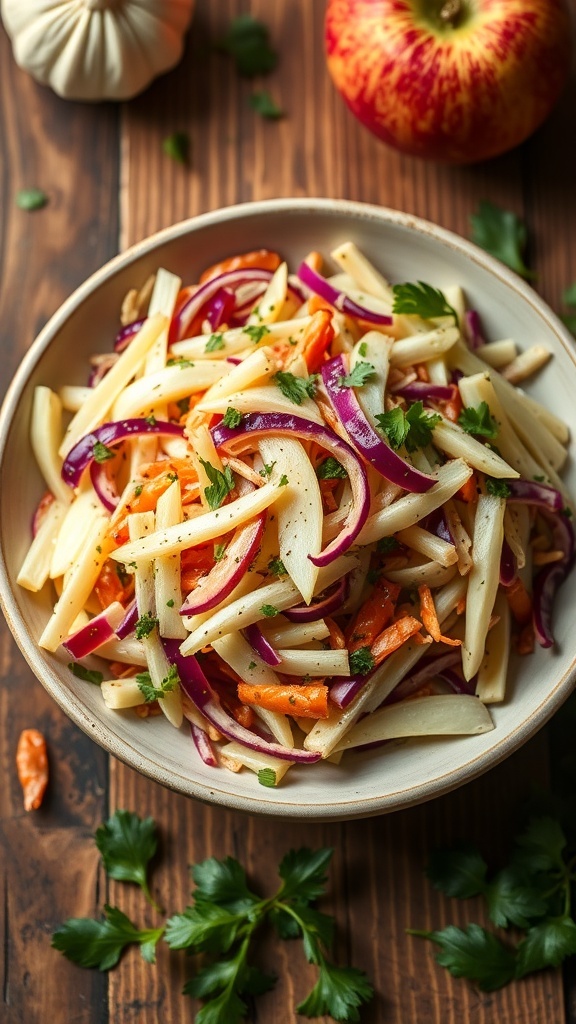 A bowl of fennel and apple slaw with colorful ingredients, garnished with parsley.