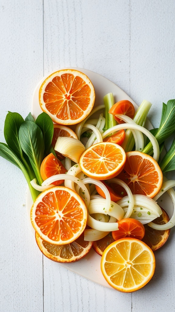 A vibrant fennel and citrus salad with slices of orange and lemon on a white wooden surface.