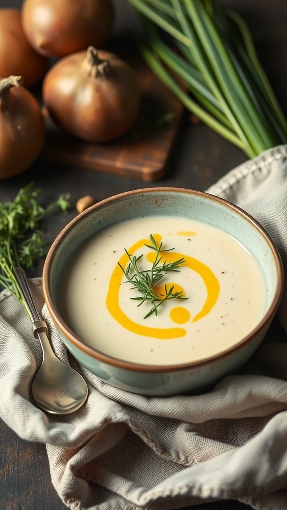 A bowl of creamy fennel and potato soup garnished with herbs, surrounded by fresh onions and green herbs.